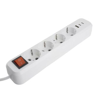 Удлинитель 4-местный с/з с выключ. STEKKER HM071-41-05 3x1мм2, 5м, 250В, 16А, 1USB+2C, 2.4A, сер Home, белый, 50141