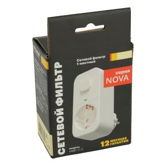 Сетевой фильтр 1-местный с/з STEKKER 250В, 16А, с выключателем, серия Nova, HM81-11-2, белый, 50143