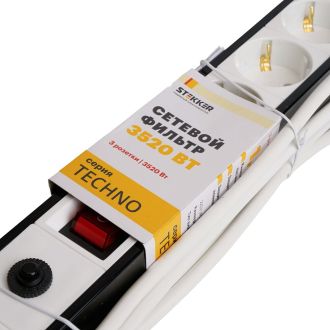 Сетевой фильтр 3-местный с/з STEKKER 3x1мм2, 3 м, 220В, 16А, серия Techno, HM22-31-03, белый, 50145