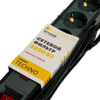 Сетевой фильтр 3-местный с/з STEKKER 3x1мм2, 1,8 м, 220В, 16А, серия Techno, HM22-31-02, черный, 50153