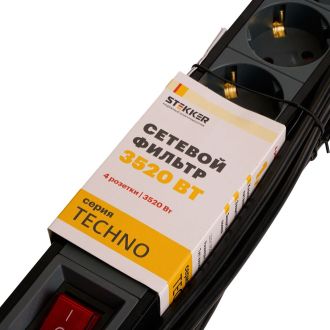 Сетевой фильтр 4-местный с/з STEKKER 3x1мм2, 1,8 м, 220В, 16А, серия Techno, HM22-41-02, черный, 50156