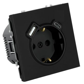 Розетка 1-местная з/ш с/з 16А + USB + Type C (механизм), Stekker, 250В, 20W, серия Эмили, черный уголь, soft-touch, RST16-5119-05, 50218