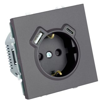Розетка 1-местная з/ш с/з 16А + USB + Type C (механизм), Stekker, 250В, 20W, серия Эмили, платиново-серый, soft-touch, RST16-5119-10, 50219