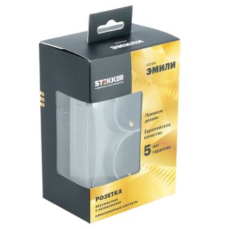 Розетка 2-местная с з/ш, с/з, СЗК, STEKKER, 250В, 16А, серия Эмили, RST16-5114-10ZK, платиново-серый, soft touch, 50244