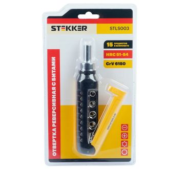 Отвертка реверсивная с битами, 15 предметов, STEKKER STLS003, 50407