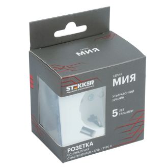 Розетка 1-местная з/ш с/з 16А + USB + Type C (механизм), STEKKER, 250В, 20W, серия Мия, RST16-3119-01, белая магнолия, 50438