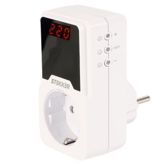 Реле напряжения для розетки регулируемое STEKKER VPR-200W, 230В, 16A, белый, 50689
