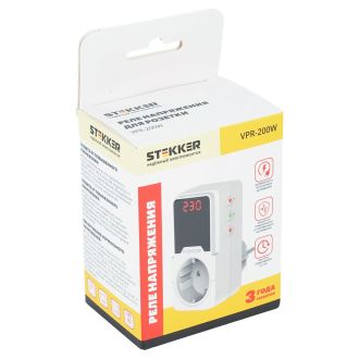 Реле напряжения для розетки регулируемое STEKKER VPR-200W, 230В, 16A, белый, 50689