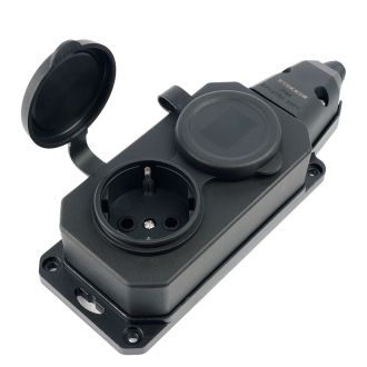 Розетка переносная 2-местная c/з STEKKER, RST16-2-44, 250В, 16А, IP44, черный, 50805