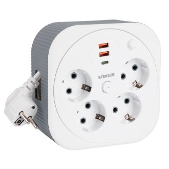 Удлинитель 4-местный с/з, 3x1,5мм2, 3м, 230В, 16А, 2USB+1С, 2,4А, белый, STEKKER HM16-4-03-USB, 50835