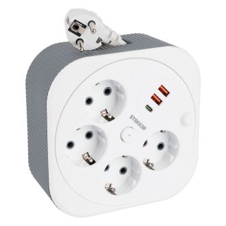 Удлинитель 4-местный с/з, 3x1,5мм2, 3м, 230В, 16А, 2USB+1С, 2,4А, белый, STEKKER HM16-4-03-USB, 50835