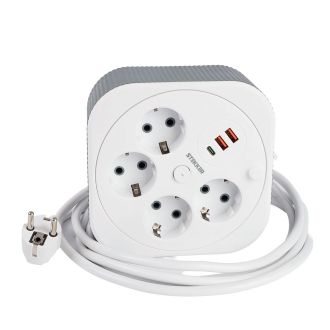 Удлинитель 4-местный с/з, 3x1,5мм2, 3м, 230В, 16А, 2USB+1С, 2,4А, белый, STEKKER HM16-4-03-USB, 50835