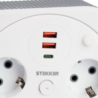 Удлинитель 4-местный с/з, 3x1,5мм2, 3м, 230В, 16А, 2USB+1С, 2,4А, белый, STEKKER HM16-4-03-USB, 50835