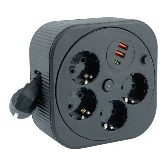 Удлинитель 4-местный с/з, 3x1,5мм2, 3м, 230В, 16А, 2USB+1С, 2,4А, черный, STEKKER HM16-4-03-USB, 50836