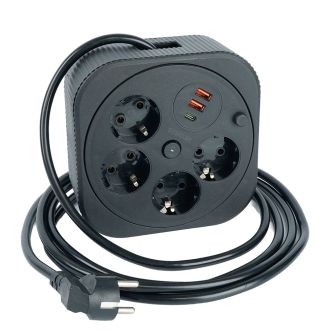 Удлинитель 4-местный с/з, 3x1,5мм2, 3м, 230В, 16А, 2USB+1С, 2,4А, черный, STEKKER HM16-4-03-USB, 50836