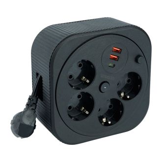 Удлинитель 4-местный с/з, 3x1,5мм2, 3м, 230В, 16А, 2USB+1С, 2,4А, черный, STEKKER HM16-4-03-USB, 50836
