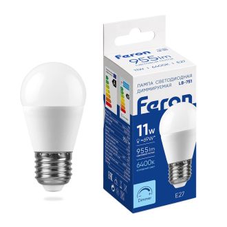 Лампа светодиодная диммируемая Feron LB-751 Шарик E27 11W 230V 6400K, 51060