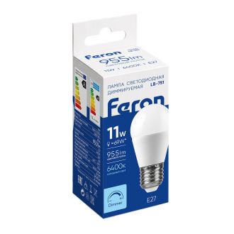 Лампа светодиодная диммируемая Feron LB-751 Шарик E27 11W 230V 6400K, 51060