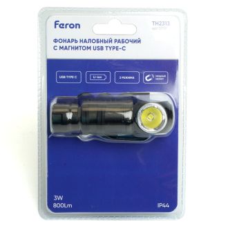 Фонарь налобный Feron TH2313 с аккумулятором 3W 1COB USB IP44, алюминий, 51119