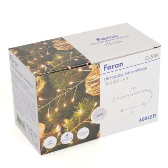 Светодиодная гирлянда Кластер (на проволоке) Feron CL584 линейная 12м 5000К, c питанием от сети 230V, прозрачный шнур, 51448