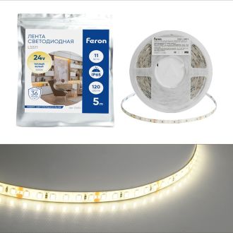 Светодиодная LED лента Feron LS511, 120SMD(2835)/м 11Вт/м 24V 5000*8*1.22мм 3000К IP65, 51634