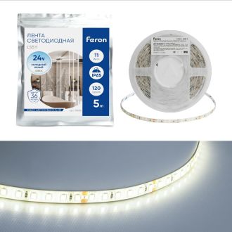 Светодиодная LED лента Feron LS511, 120SMD(2835)/м 11Вт/м 24V 5000*8*1.22мм 6000К IP65, 51636