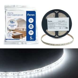 Светодиодная LED лента Feron LS613, 120SMD(2835)/m 9.6W/m 12V 5m 4000К, 51637