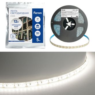 Светодиодная LED лента Feron LS626, 180SMD(2835)/m 17W/m 12V 5000*10*1.22мм 4000К IP65, 51639