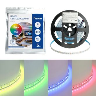 Светодиодная LED лента Feron LS501, 120SMD(3535)/м 11Вт/м 24V 5000*10*1.5мм RGB IP20, 51823