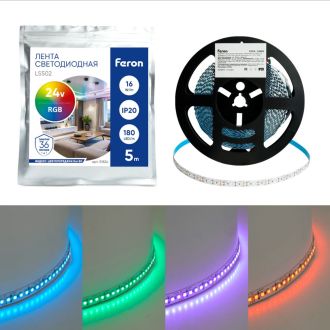 Светодиодная LED лента Feron LS502, 180SMD(5050)/м 16Вт/м 24V 5000*10*1.5мм RGB IP20, 51824