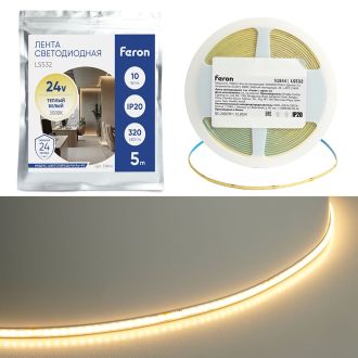 Светодионая лента LS532 COB 320SMD(2110) 10Вт/м 24V 5000*5*1.8 3000K IP20 Ширина 5 мм, Feron, 51844