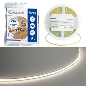 Светодионая лента LS532 COB 320SMD(2110) 10Вт/м 24V 5000*5*1.8 4000K IP20 Ширина 5 мм, Feron, 51845