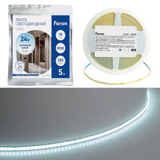 Светодионая лента LS532 COB 320SMD(2110) 10Вт/м 24V 5000*5*1.8 6500K IP20 Ширина 5 мм, Feron, 51846