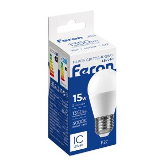 Лампа светодиодная Feron LB-990 Шарик E27 15W 175-265V 4000K, 52077