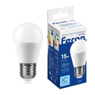 Лампа светодиодная Feron LB-990 Шарик E27 15W 175-265V 6400K, 52078