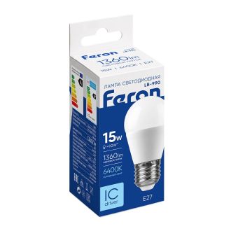 Лампа светодиодная Feron LB-990 Шарик E27 15W 175-265V 6400K, 52078