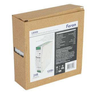 Трансформатор электронный на DIN-рейку 120W 24V 40*125.2*113.5мм IP20, LB008, Feron, 52135