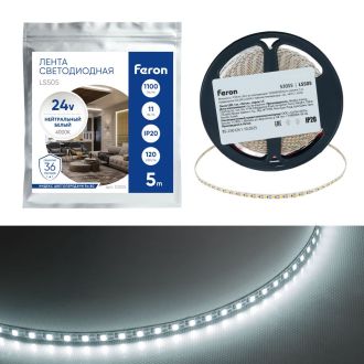 Лента светодиодная 120SMD(2835)/м 11Вт/м 24V 5000*5*1.5мм 4000K, LS505 FERON СВОБОДНЫЙ РЕЗ. Ширина - 5 мм!!!, 53055