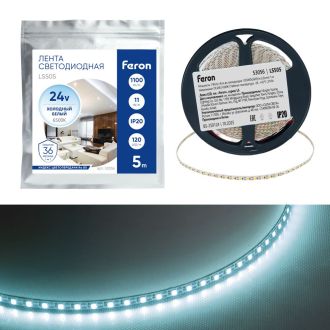 Лента светодиодная 120SMD(2835)/м 11Вт/м 24V 5000*5*1.5мм 6500K, LS505 FERON СВОБОДНЫЙ РЕЗ. Ширина - 5 мм!!!, 53056