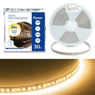 Светодиодная LED лента Feron LS501, 120SMD(2835)/м 11Вт/м 24V 30000*8*1.22мм 3000К 30м IP20, 53086
