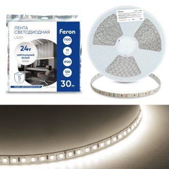 Светодиодная LED лента Feron LS501, 120SMD(2835)/м 11Вт/м 24V 30000*8*1.22мм 4000К 30м IP20, 53087