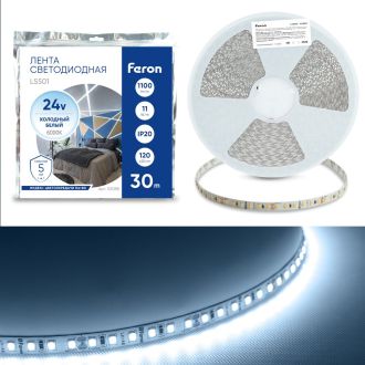 Светодиодная LED лента Feron LS501, 120SMD(2835)/м 11Вт/м 24V 30000*8*1.22мм 6000К 30м IP20, 53088