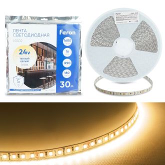 Светодиодная LED лента Feron LS502, 180SMD(2835)/м 16Вт/м 24V 30000*10*1.22мм 3000К 30м IP20, 53089