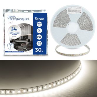 Светодиодная LED лента Feron LS502, 180SMD(2835)/м 16Вт/м 24V 30000*10*1.22мм 4000К 30м IP20, 53090
