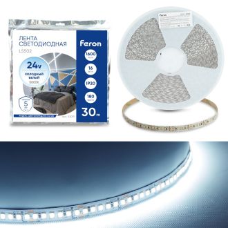 Светодиодная LED лента Feron LS502, 180SMD(2835)/м 16Вт/м 24V 30000*10*1.22мм 6000К 30м IP20, 53091