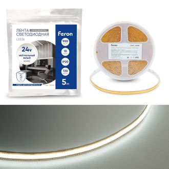 Лента светодиодная COB 720SMD(2110) 10Вт/м 24V 5000*8*1.8мм IP20 4000К, LS536 FERON СВОБОДНЫЙ РЕЗ, 53096