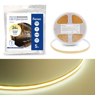 Лента светодиодная COB 720SMD(2110) 10Вт/м 24V 5000*8*1.8мм IP20 3000К, LS536 FERON СВОБОДНЫЙ РЕЗ, 53097