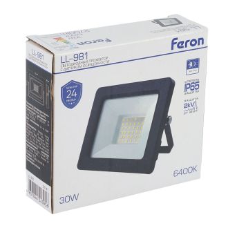 Светодиодный прожектор FERON с датчиком освещенности LL-981 IP65 30W 6400K черный, 53141