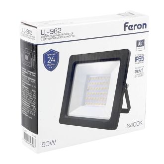 Светодиодный прожектор FERON с датчиком освещенности LL-982 IP65 50W 6400K черный, 53142