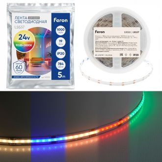 Лента светодиодная 784SMD(2110)/ 19Вт/м 24V 5000*12*2.3мм RGB+3000К, IP20, LS537 FERON, 53333